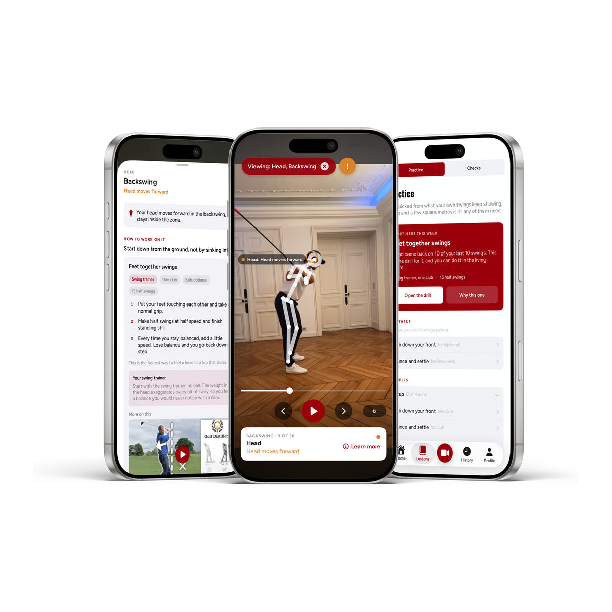 Three Goose Golf app screens: your focus, lesson and guided drill