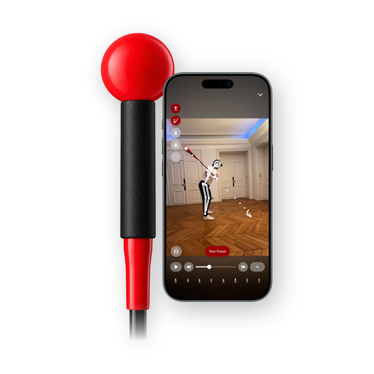 Goose Golf Swing Trainer next to a phone running the Goose Golf app swing analysis