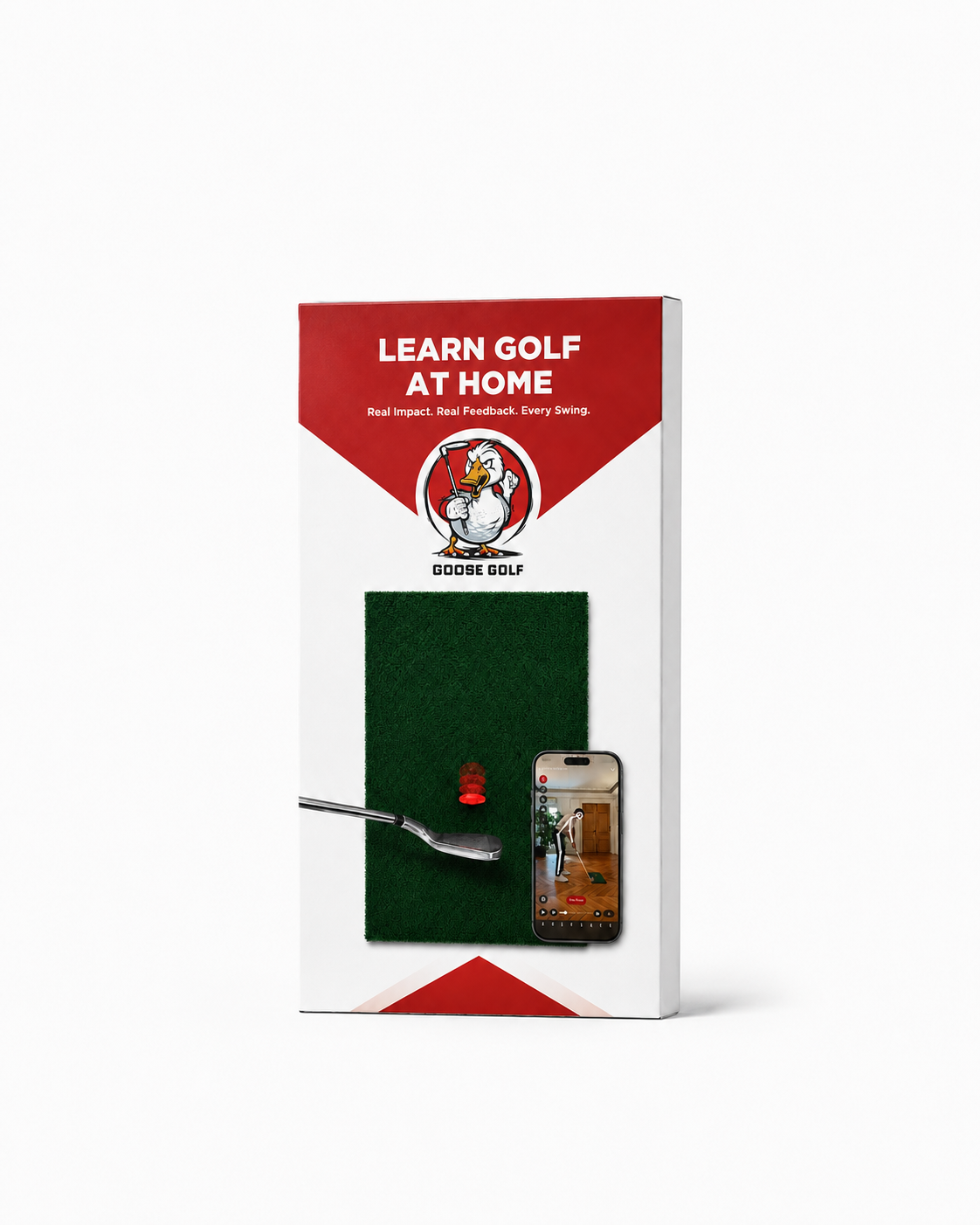 Learn Golf at Home setup: hitting mat, strike target, phone tripod and the Goose Golf app