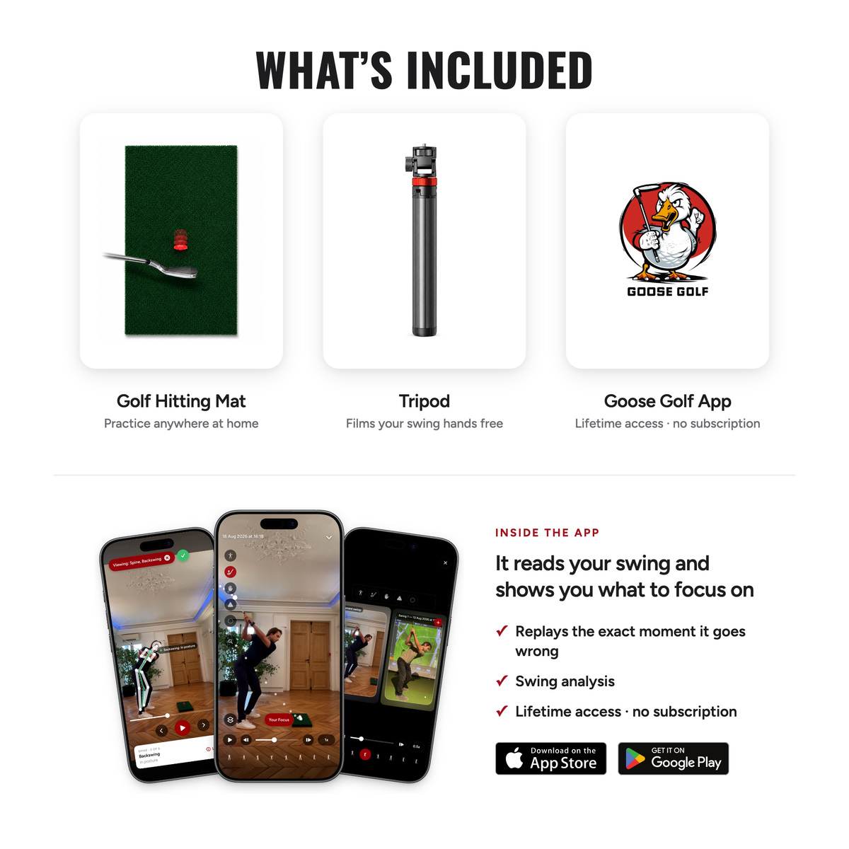 What's included: mat, round strike target, phone tripod and lifetime Goose Golf app access