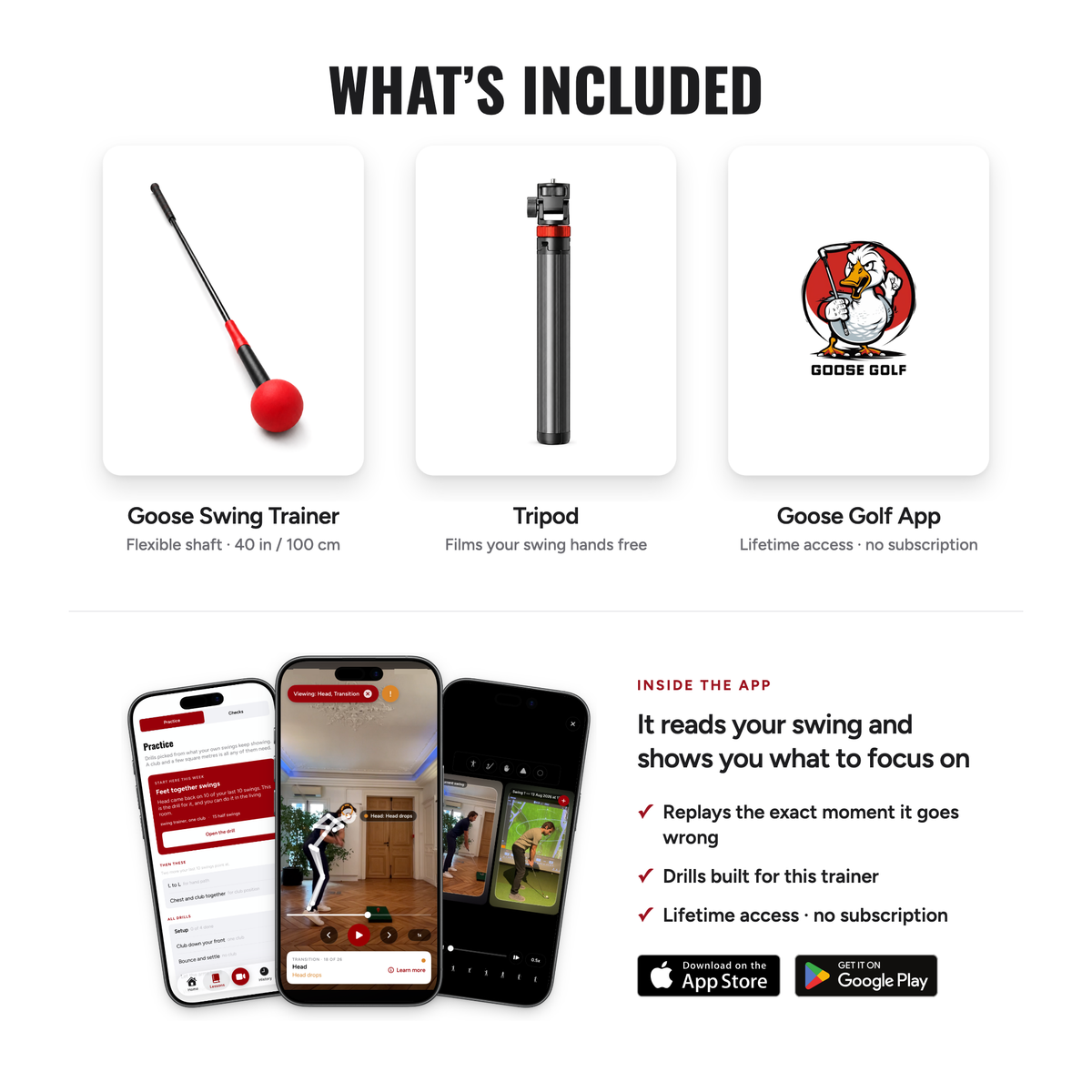What's included: Swing Trainer, phone tripod and lifetime Goose Golf app access