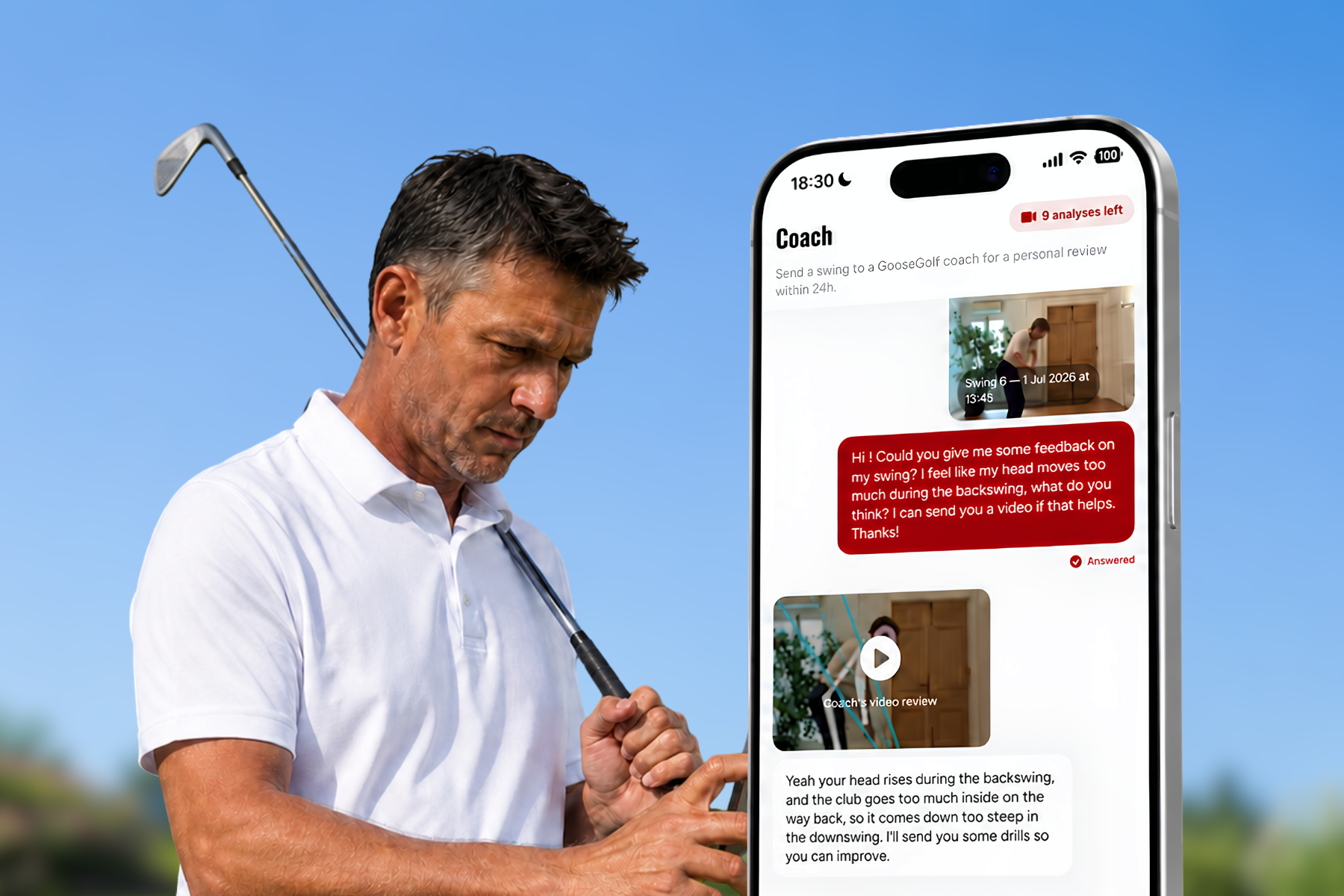 Coach feedback on a swing in the app