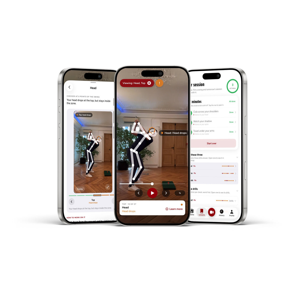 Goose Golf app on three phones: swing analysis with body tracking flagging a head drop, the fault explained step by step, and the daily drill session