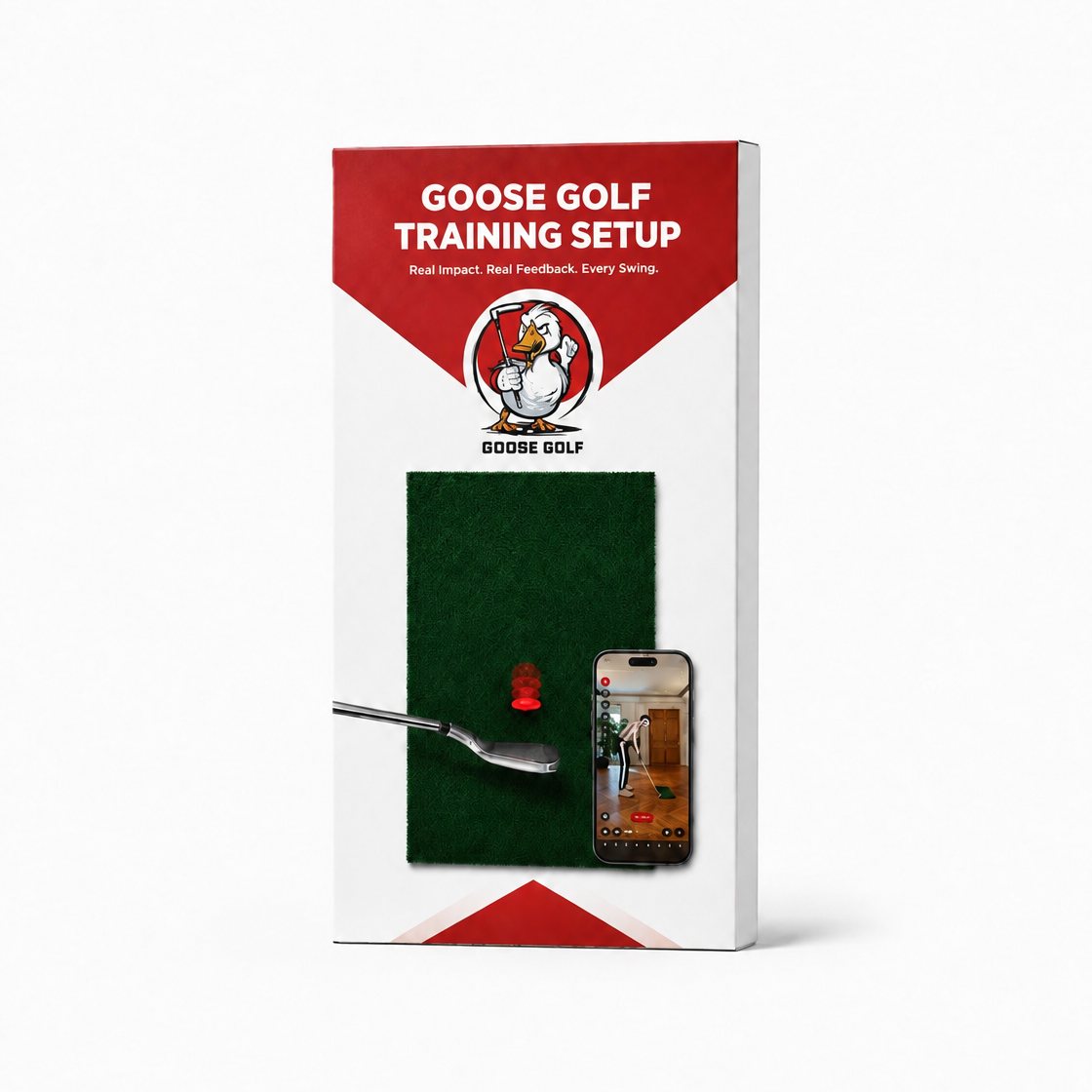 Goose Golf Training Setup box: hitting mat, strike target, phone tripod and app