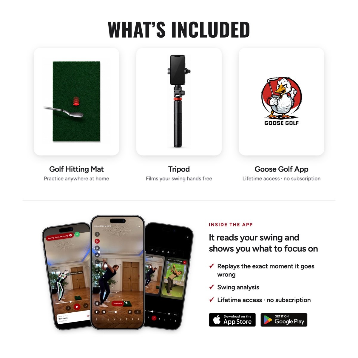 What's included: hitting mat, phone tripod and lifetime Goose Golf app access, plus a look inside the app