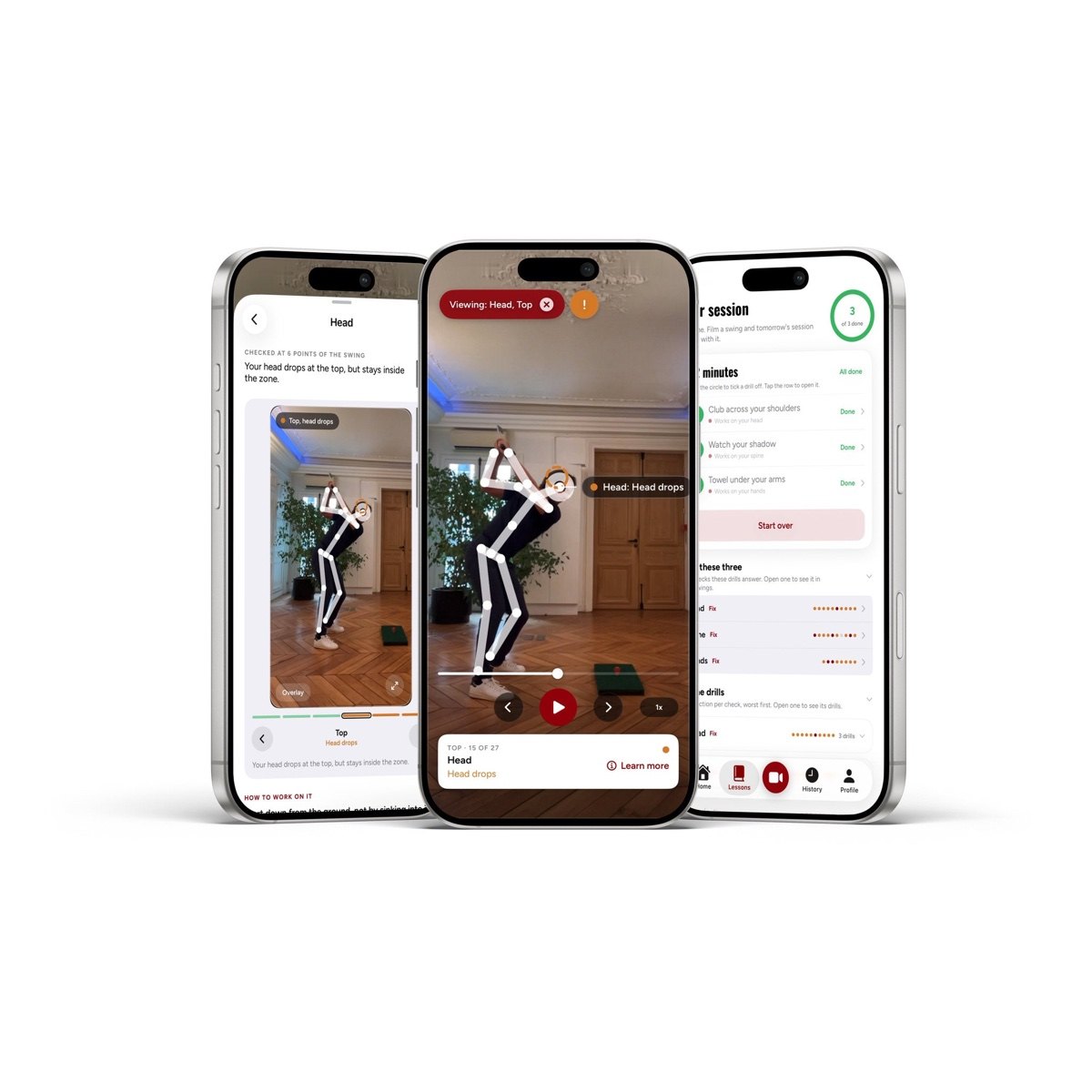 Goose Golf app on three phones: swing analysis flagging a head drop, the fault explained step by step, and the daily drill session