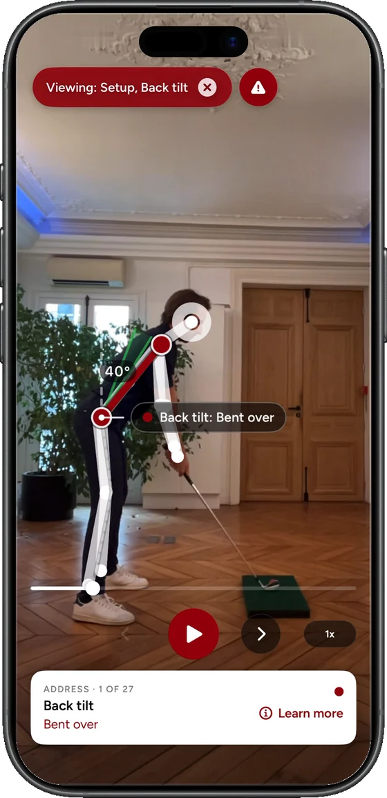 The Goose Golf app checking back tilt at address