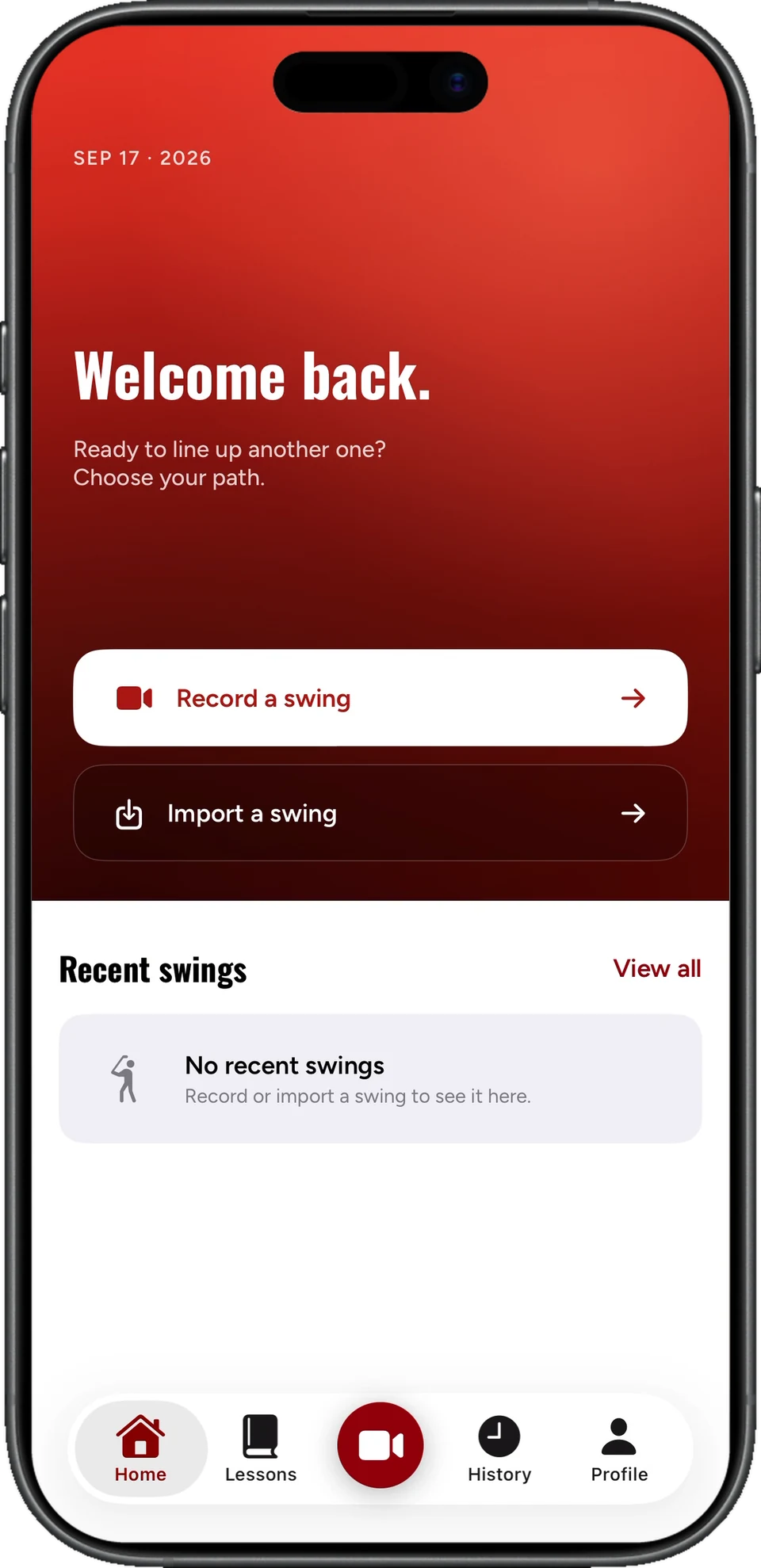 Goose Golf app home screen: Welcome back, record a swing or import a swing
